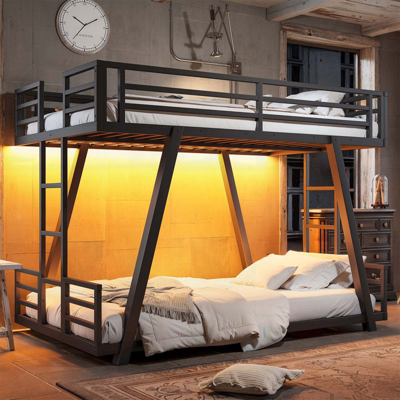 Lit superposé simple au-dessus de simple avec 2 échelles latérales, structure en métal, pieds de support spéciaux et lumière DEL, profil bas, noir