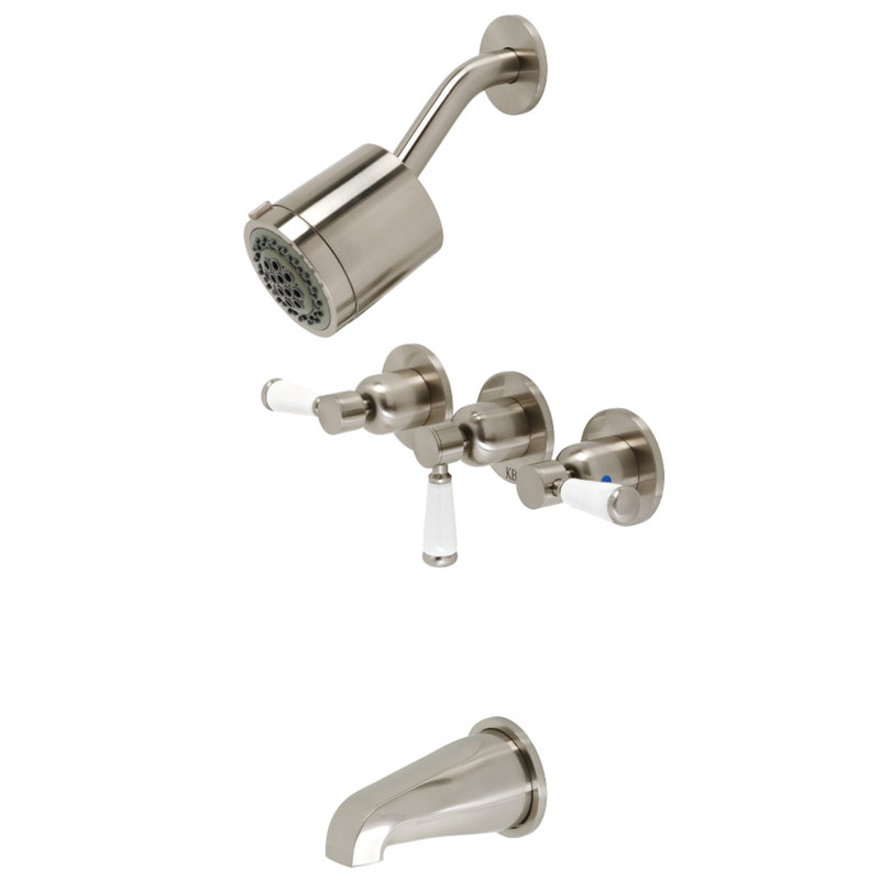 Kingston Brass Paris Triple-Handle Tub and Shower Faucet, Brushed Nickel