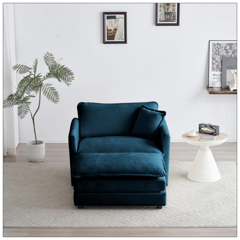 Fauteuil d'appoint moderne avec repose-pieds, Chenille bleu