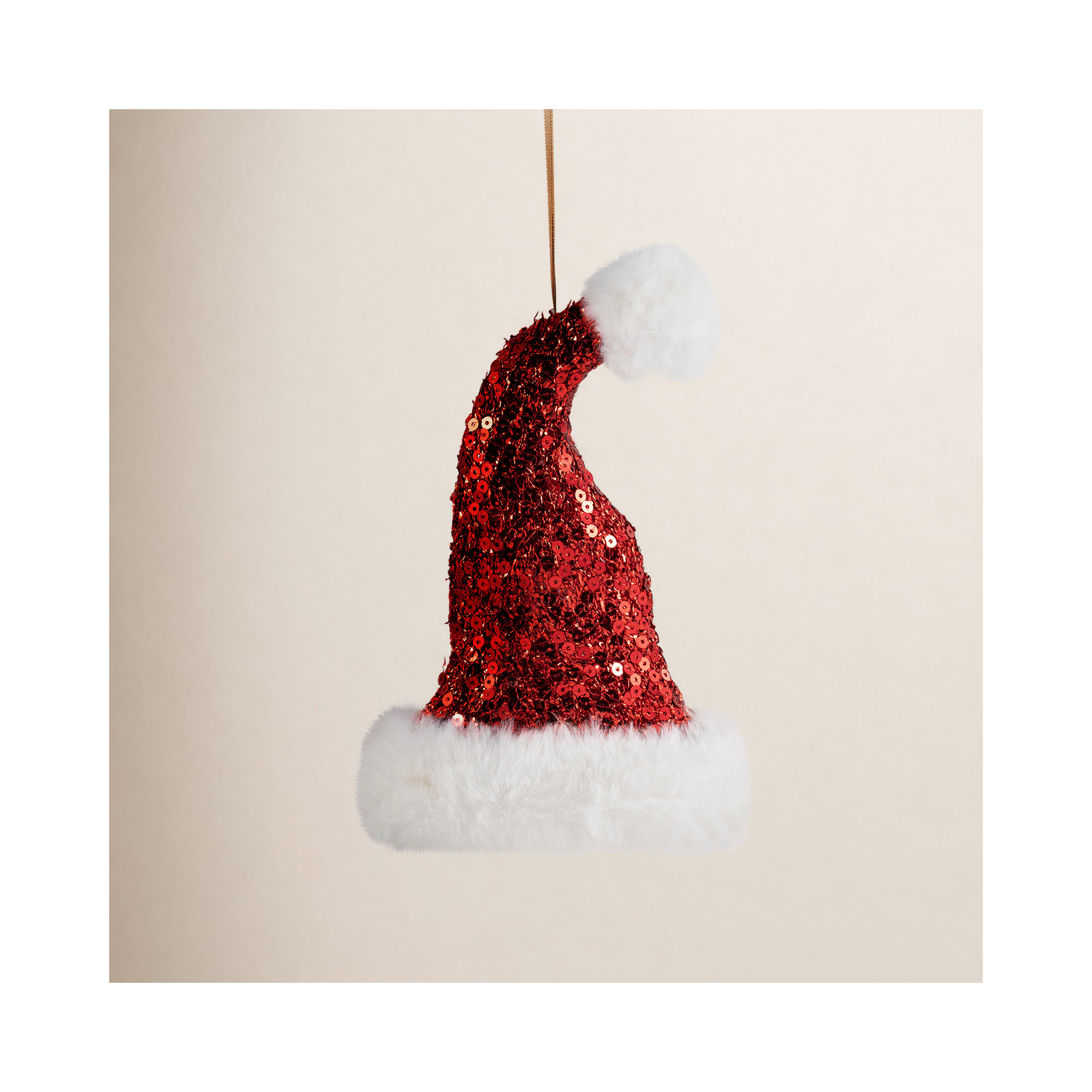 Sequined Santa Hat With Plush Trim Christmas Ornament - 8.5" - Red