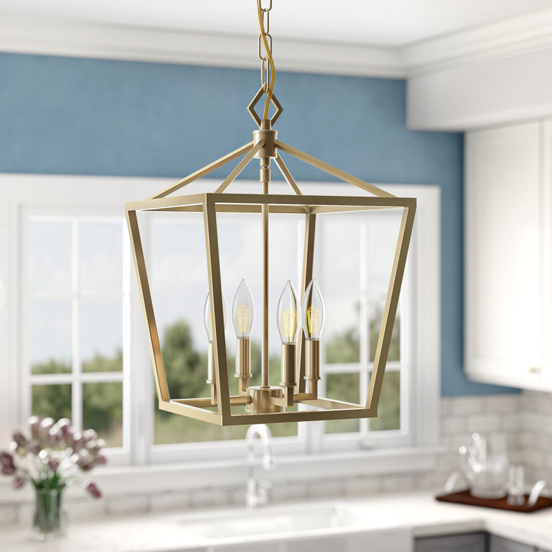 Poisson 4 - Light Dimmable Lantern Geometric Chandelier, Gold, 28.5" H x 20" W x 20" D