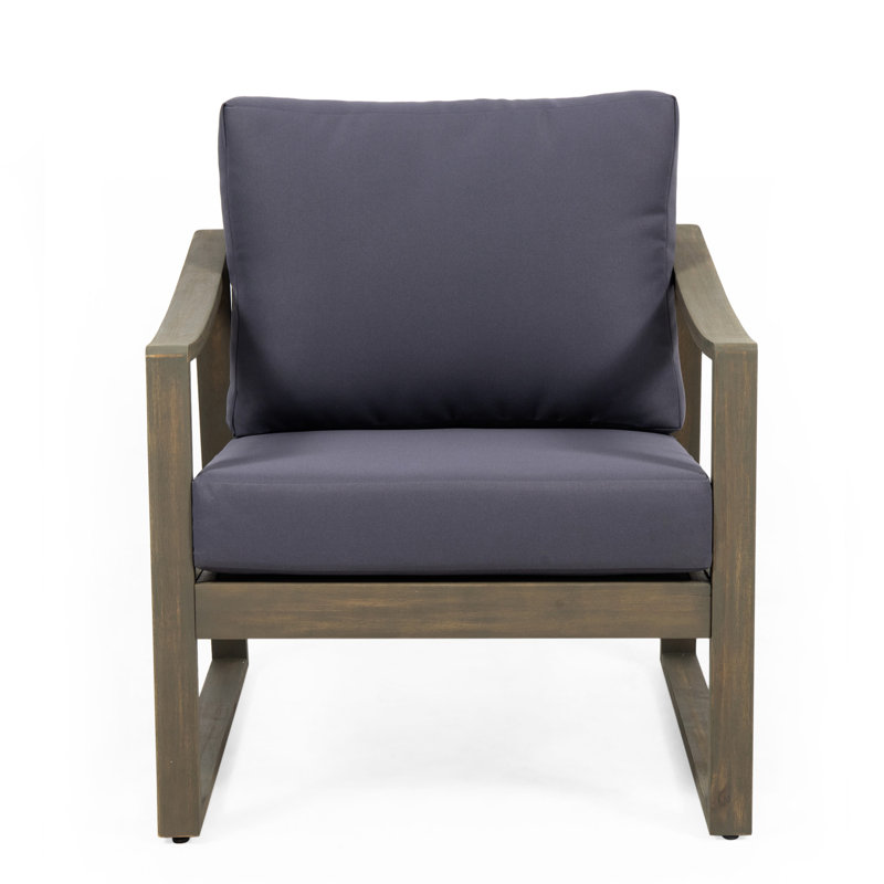 Wood Club Chair For Outdoor Spaces With Dark Grey Water- Foot Cushions And Classic Slat Look