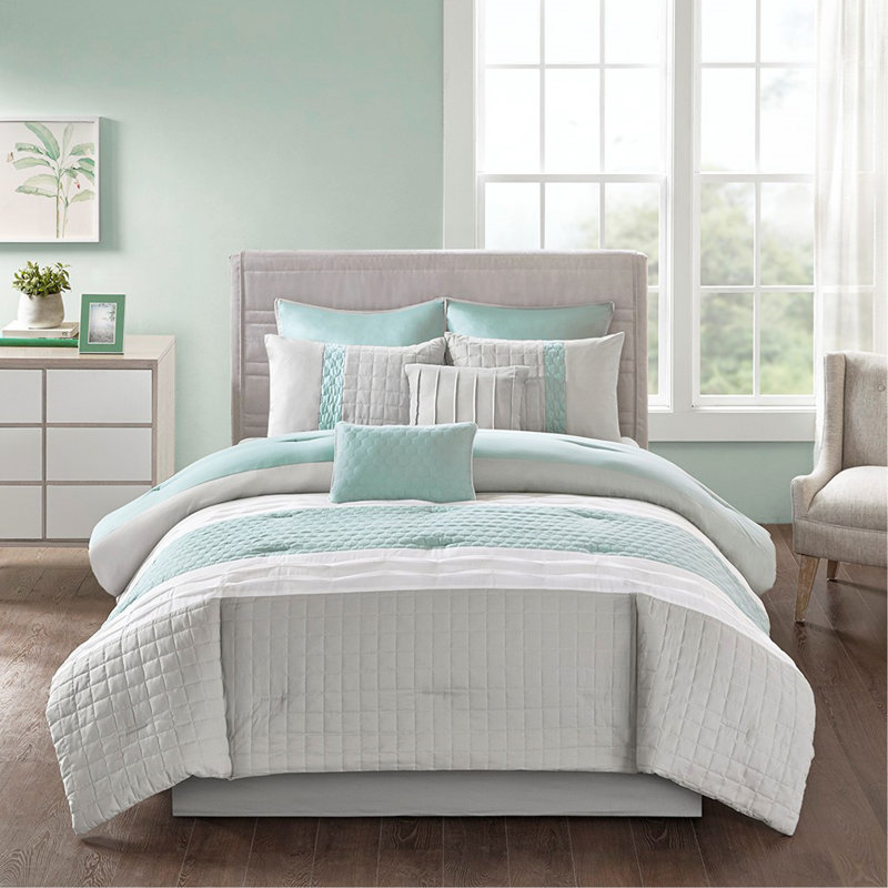 8 Piece Comforter Set Seafoam/Grey Queen