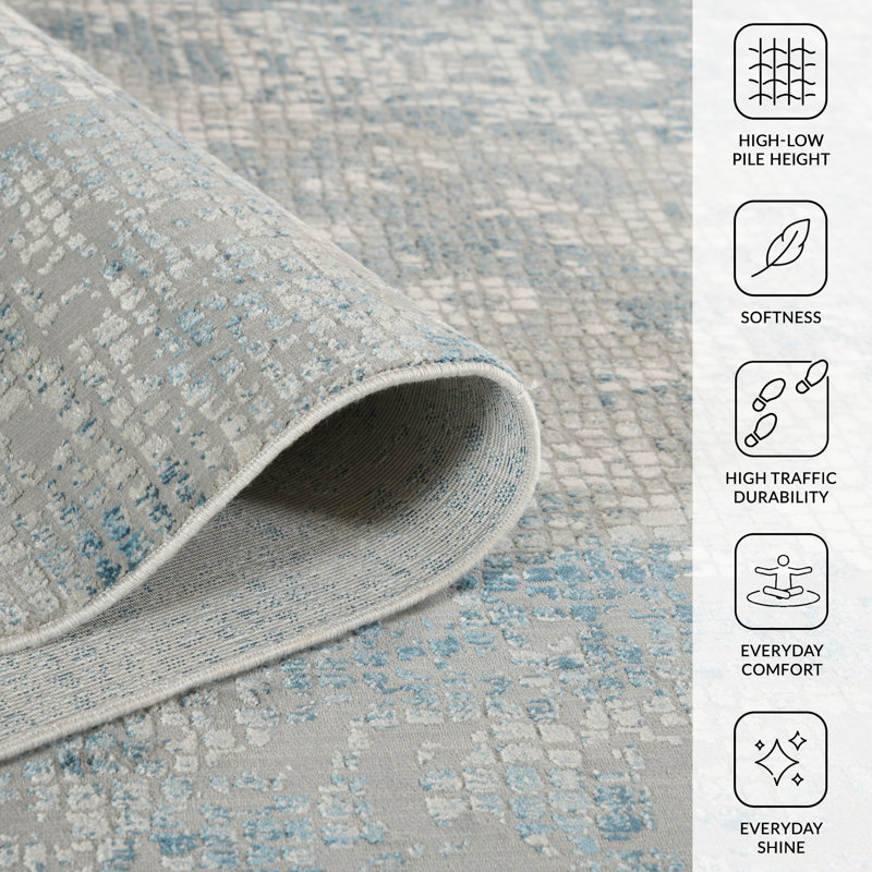 Brazell Abstract Performance Fabric High-Low Gray/Blue Accent Rug, Rectangle 2' x 3'