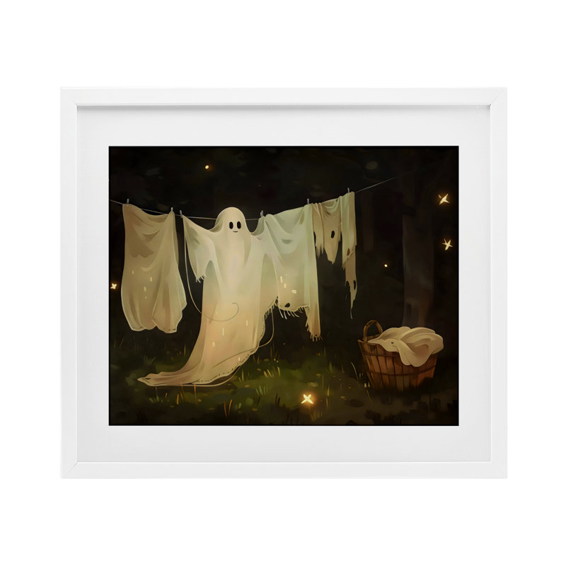 «Halloween Laundry Ghost», reproduction d'art sous verre encadrée par Arlington Prints, H 17 po x l 21 po, Cadre blanc côtier