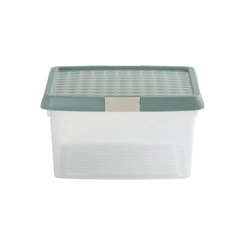 Wham Clip 9L Square Plastic Storage Boxes with Secure Clip Lock Lids. L:29 x W:29 x H:15.5cm Clear/Stone/Slate Grey, Green
