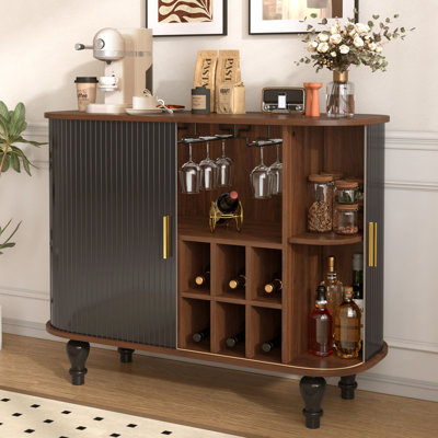 Armoire-bar cannelée de 39 po avec 6 casiers à vin et 3 porte-verres, armoire de bar Mid-Century moderne avec un grand tiroir de rangement, 4 espaces de rangement cachés sur le côté, noir