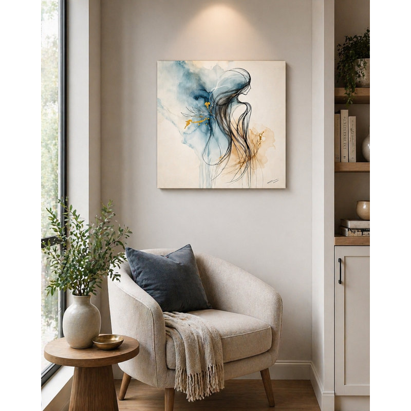 «Serene Elegance Abstract Woman Line Art with Gold Accents», art mural sur toile tendue, H 30 po x l 30 po
