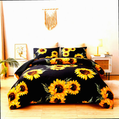 Sunflower Dreams Botanical Comforter Set - 5 Piece Yellow Floral Bed in A Bag for Adults. Microfiber Bedding Set with Black Sunflowers Design.