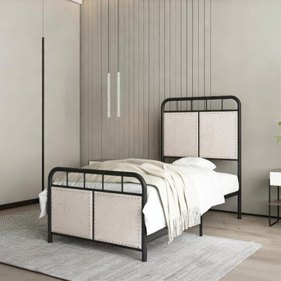 Lit plateforme simple en métal avec revêtement en lin, têtes et pieds en tissu, structure durable, fonctionnement silencieux, assemblage rapide sans complexité, aucun sommier nécessaire, 250 lb
