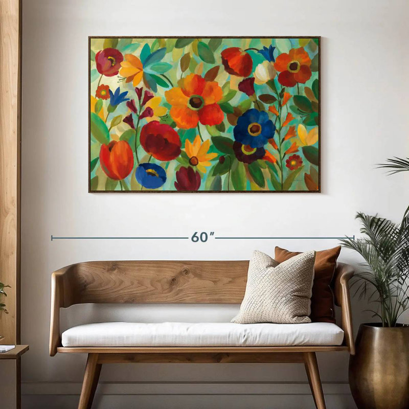 Été floral III, 46 po x 31 po, Cadre flottant noyer