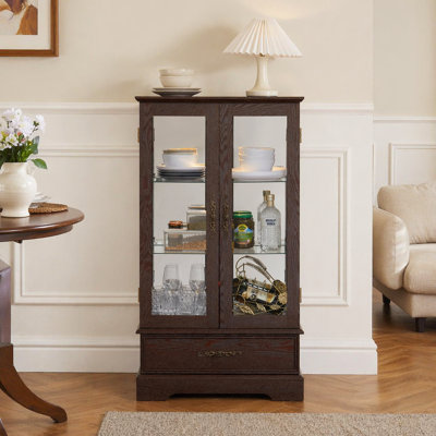 Armoire en verre cerise avec tablettes réglables, 2 portes et tiroir pour une présentation et un rangement élégants