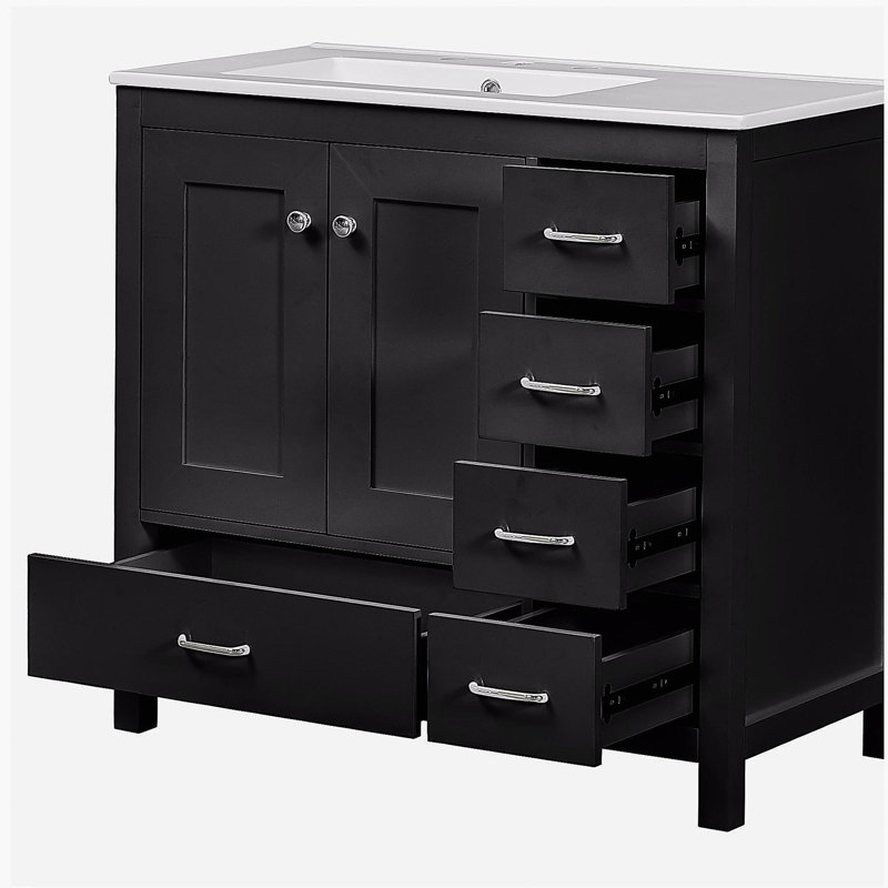 Meuble-lavabo noir de 36 po avec lavabo en céramique, armoires de rangement spacieuses, 2 portes à fermeture douce et 5 tiroirs