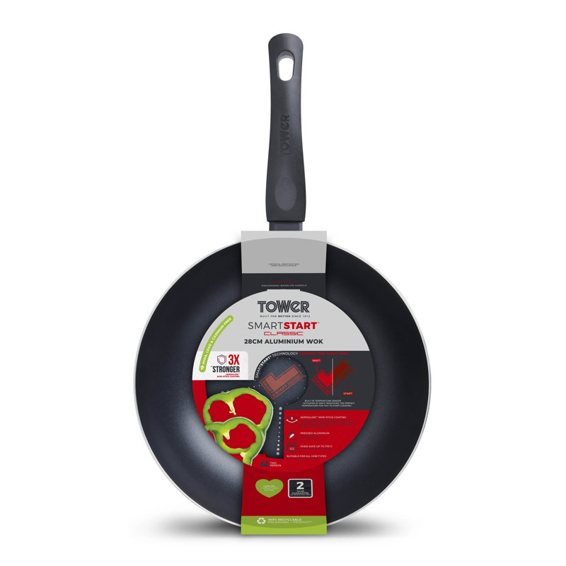 Tower T700306 SmartStart Classic 28cm Aluminium Wok with Easy Clean Aeroglide Non-Stick, Oven Safe, Long Lasting, PFOA Free