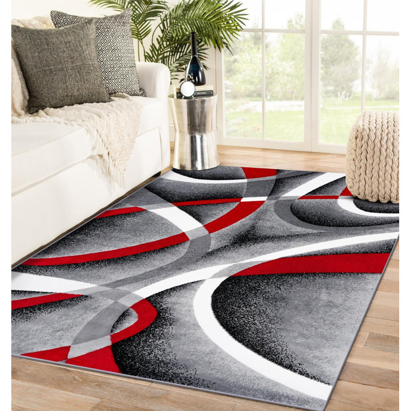 Tapis gris / ivoire / rouge à motif abstrait Cherine, Rectangle 9 pi x 12 pi