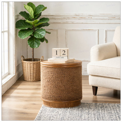 Table basse ronde en rotin avec rangement amovible, garniture en corde de chanvre tissée à la main, style boho-chic, parfaite pour les salons confortables et les espaces compacts