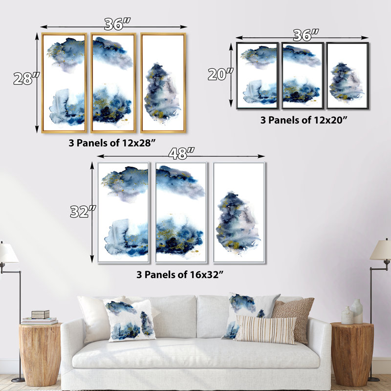 «Blue and Grey Clouds With Golden Glitter», peinture sur toile 3 pièces, H 28 po x l 36 po, Blanc