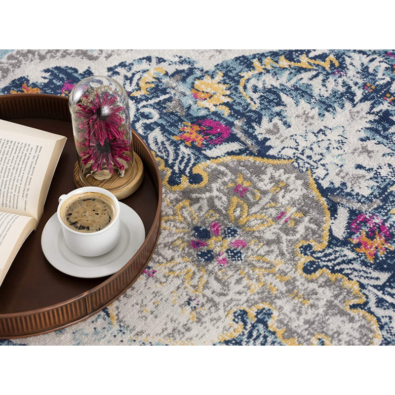 Tapis bleu à motif de médaillon délavé, Tapis de couloir 2 pi 3 po x 8 pi