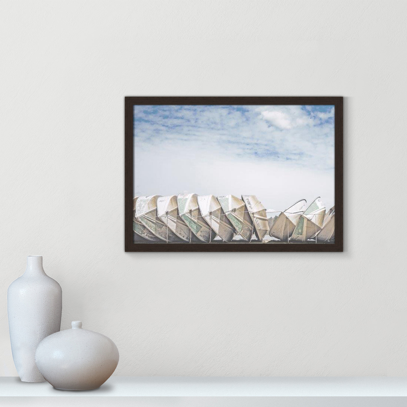 Hennecy "Wooden Boats" Print by Leah Straatsma, 17" H x 23" W x 1.25" D, Open Grain Walnut