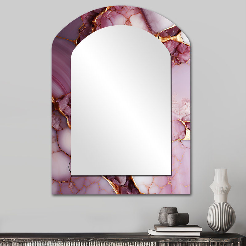 Pink And Gold Marble River III - Abstract Arch Decorative Mirror On Metal, 34" x 25"
