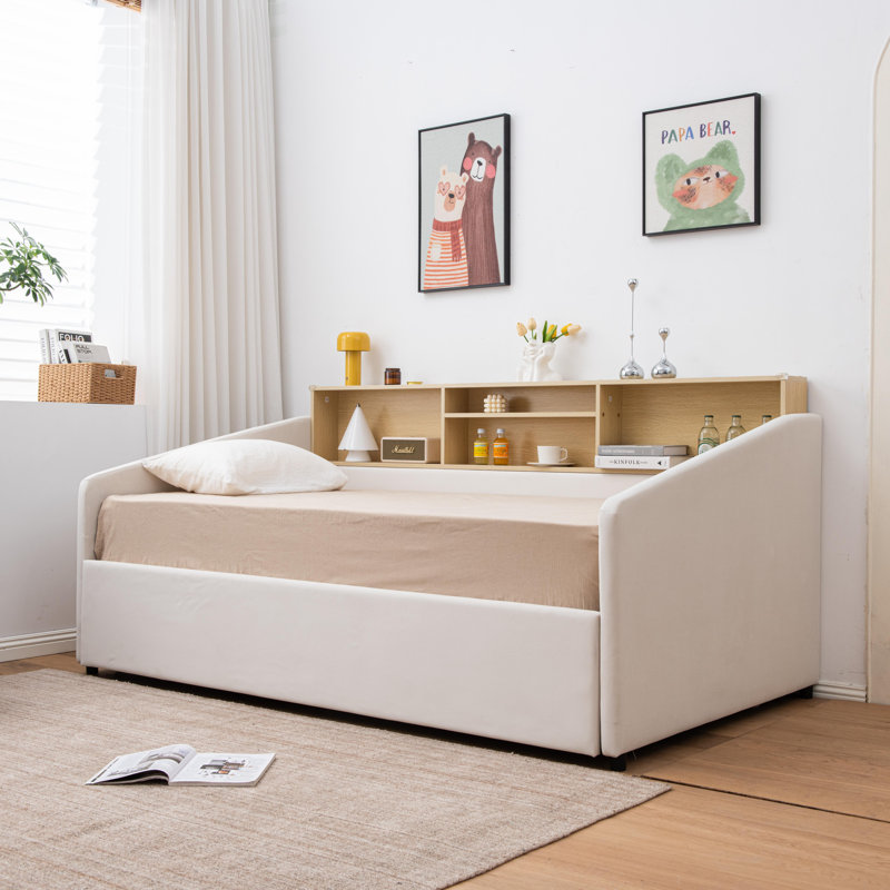 Guinette Upholstered Twin Daybed with Trundle and Headboard Shelf, Cream