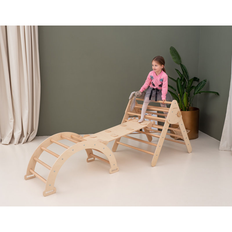 Natural Wood Montessori Climbing Set with Slide and Arch