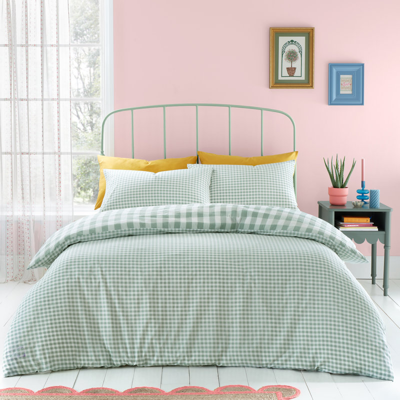 Seersucker Gingham Check Duvet Cover Set, 200 x 200 cm, Green