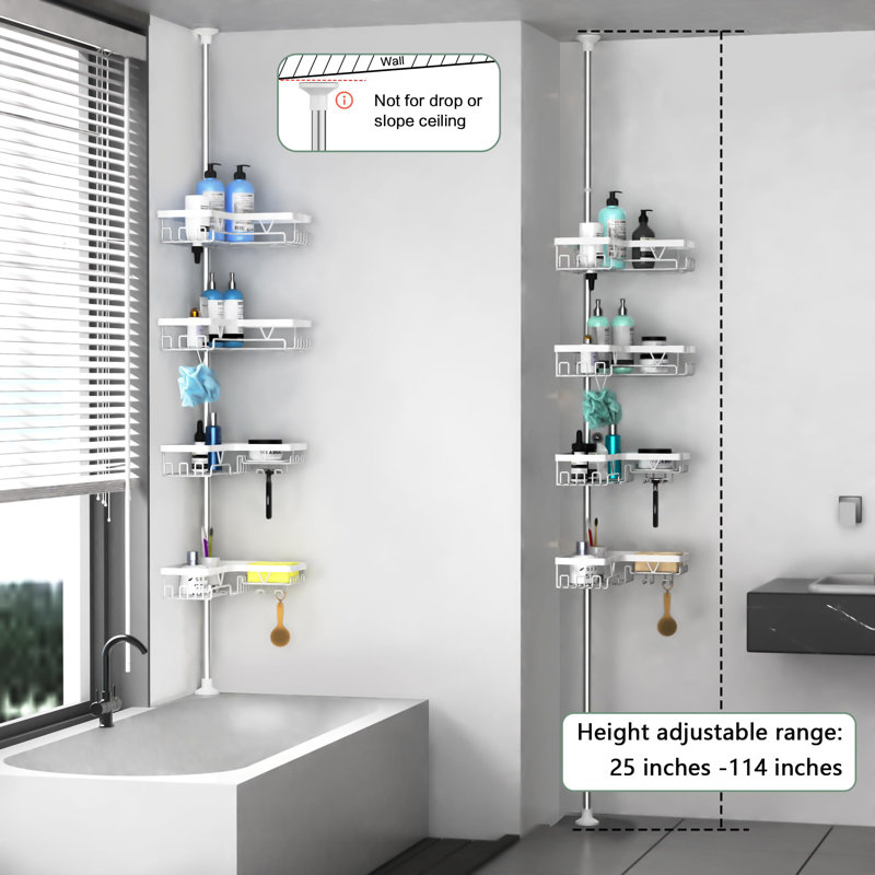  Serviteur de douche à poteau à tension réglable KÉGII, organisateur de coin de salle de bain à 4 niveaux sans installation de perçage, support de rangement de salle de bain imperméable, argent