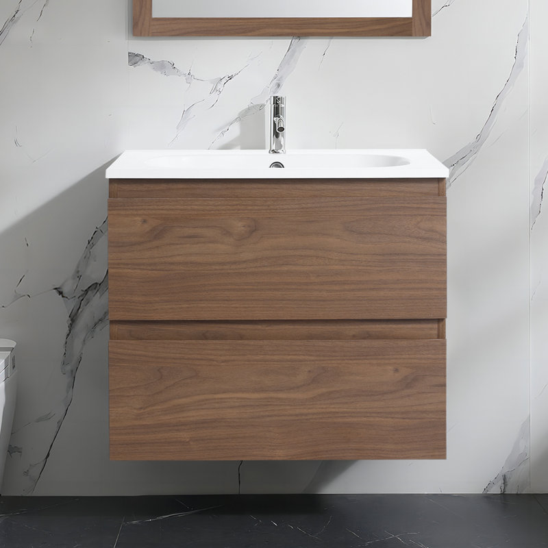 Meuble-lavabo simple mural 24 po avec plateau en céramique Jahlyn, Chêne brun