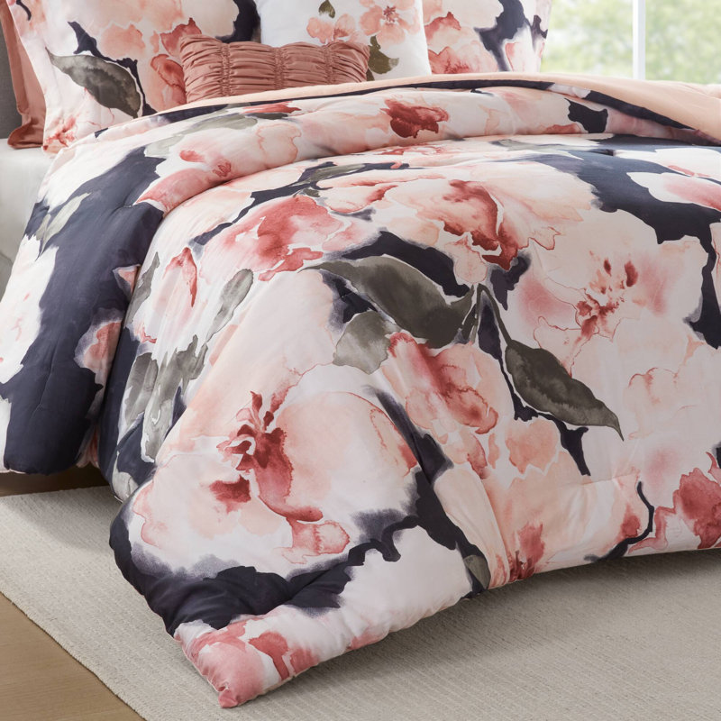 Ensemble d'édredon de style contemporain, Floral rosé, Édredon très grand californien + 6 pièces suppl