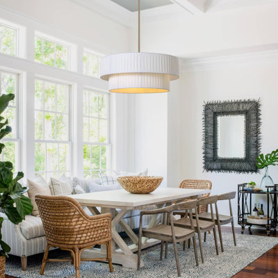 Lustre à tambour moderne de 50 cm (20 po), suspension à 3 lumières en tissu plissé à la main avec abat-jour blanc et finition dorée, plafonnier semi-encastré à 2 niveaux pour salle à manger, cuisine ou chambre.