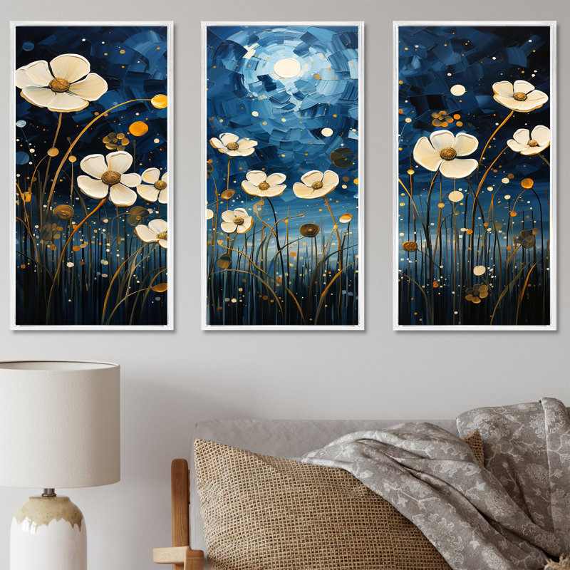 «Midnight Indigo Buttercups II - Buttercups», ensemble de reproduction d'art mural, Cadre flottant blanc