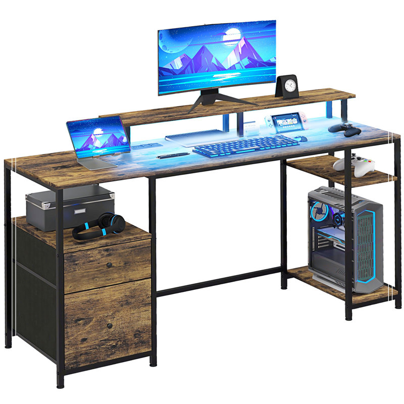 Computer Desk with LED Lights, USB Ports, Gaming Desk with Storage Shelves, Monitor Stand