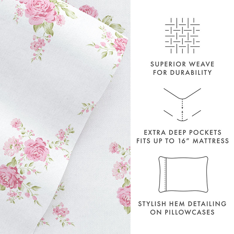 Sheet Set 100% Cotton Patterned Flannel Super Soft Bedding, Pink Rose Bunch