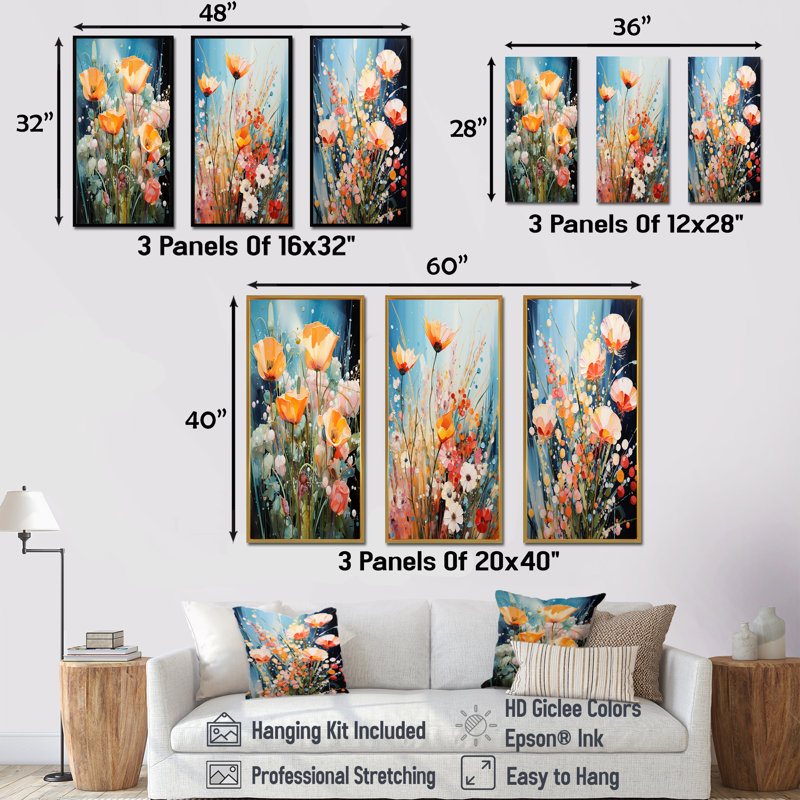 «Garden Delights Wild Expression Blooms - Plants», ensemble de 3 reproductions d'art mural, Cadre flottant brun