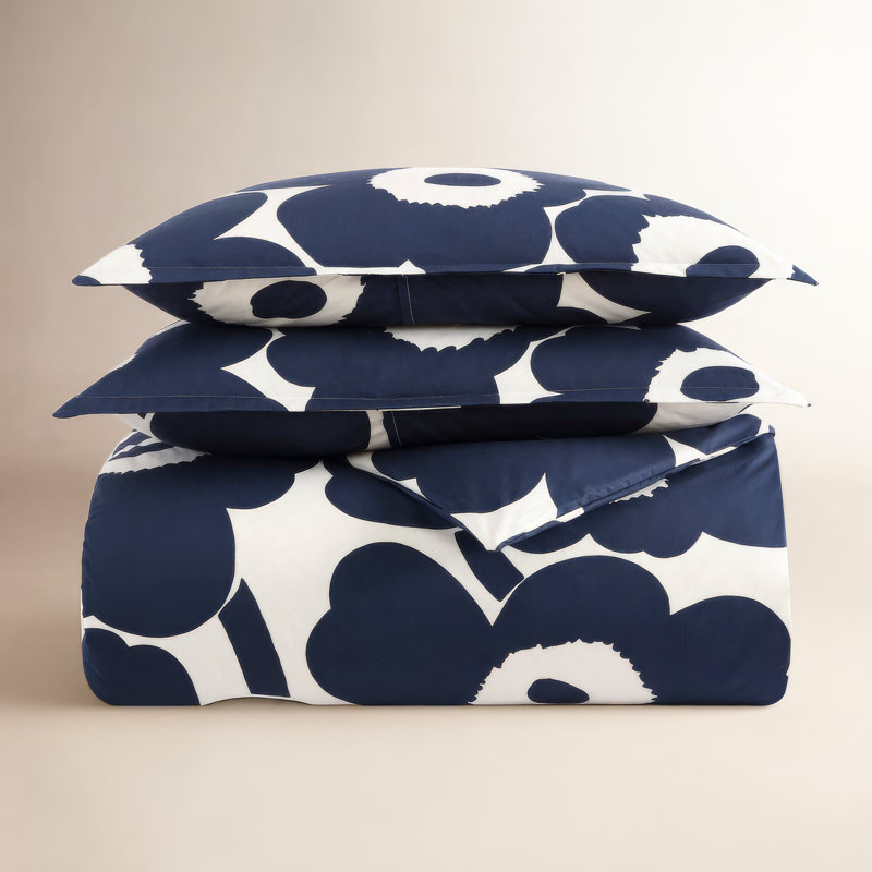 Ensemble d'édredon en coton Marimekko Unikko, Édredon pour très grand lit + 2 très grandes ta, Bleu indigo / blanc