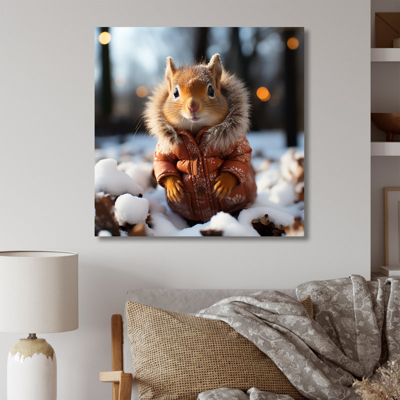 Mignon écureuil avec écharpe dans la neige IV - écureuil, art mural animal, H 30 po x l 30 po x P 1,5 po, Toile tendue