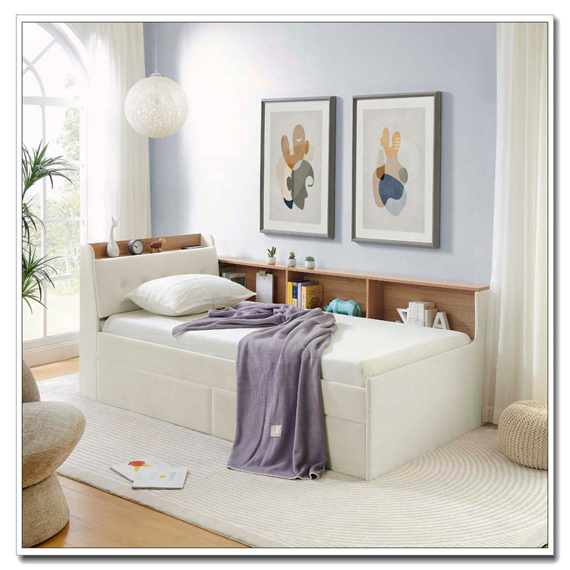 Structure de lit de jour rembourrée en velours avec chargement sans fil, tiroirs de rangement et lumières DEL, Beige