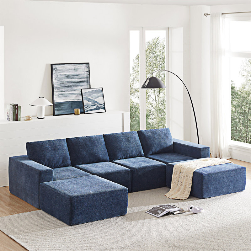 Canapé modulaire rembourré modulaire avec repose-pieds, Chenille bleue marine