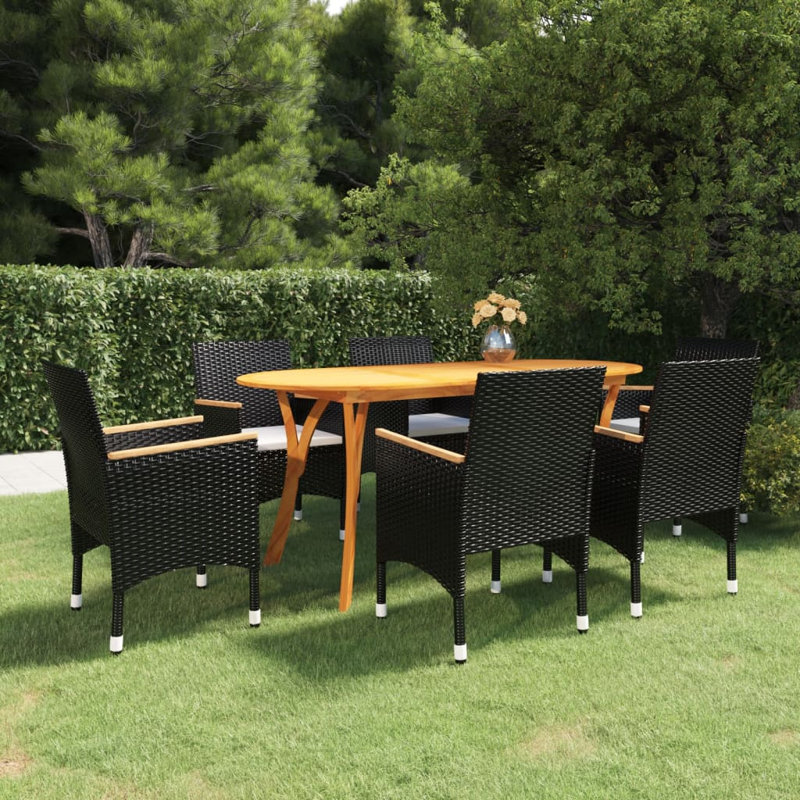  Dining Set Black Solid Acacia Wood Large Seats Many Dining Set, Cream White, Black, 6