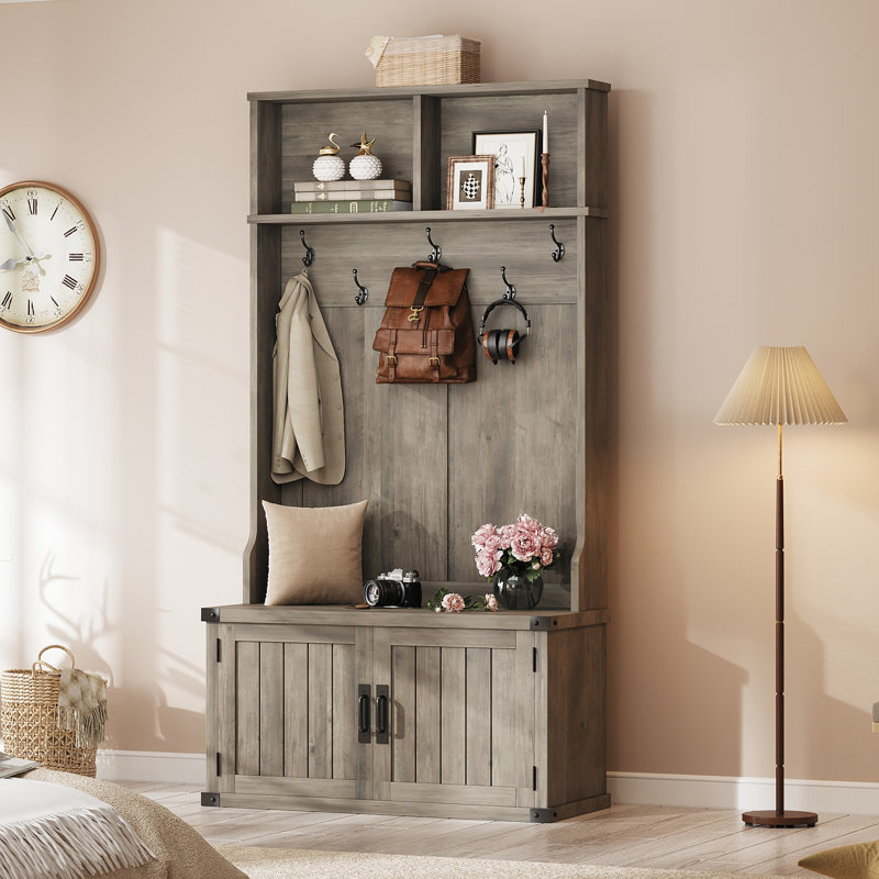 Porte-manteau extra large de style ferme avec banc, 195 cm (77 po), armoire de rangement pour chaussures, 5 crochets doubles, étagères réglables, gris