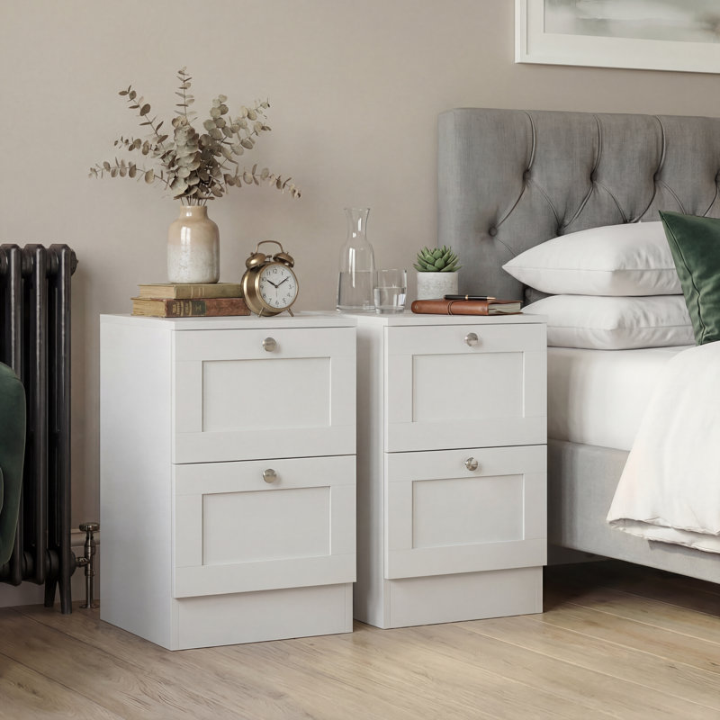 Tasneem 2 Drawer Set Of 2 Bedside Tables Compact Nightstand Storage Cabinet Modern Bedroom Side Table, White