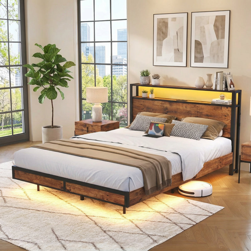 Structure de lit pour grand lit avec tête de lit à 2 niveaux, structure de lit plateforme en métal robuste avec station de charge et lumières DEL, silencieux / support en métal / aucun sommier requis, brun rustique