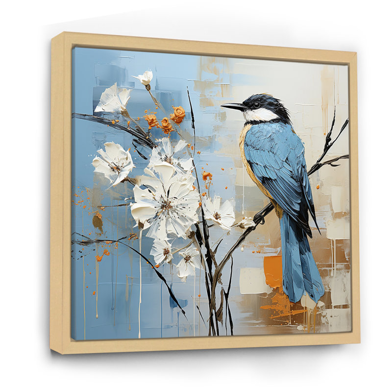 Oiseau bleu, minimalisme, fleurs blanches, impression sur toile, Naturel, H 24 po x l 24 po x P 1 po