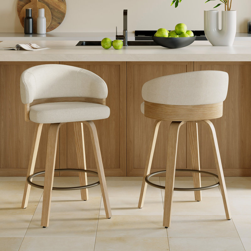 Tabouret de comptoir pivotant 26 po avec structure en bois, Siège beige / structure en chêne 