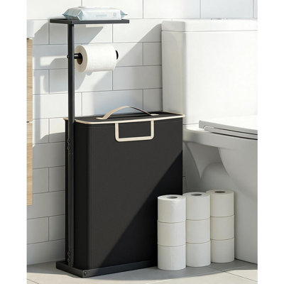 Freestanding Toilet Paper Holder Stand With Shelf – Black Rustproof Metal Bathroom Organizer For Up To 12 Rolls With Lid