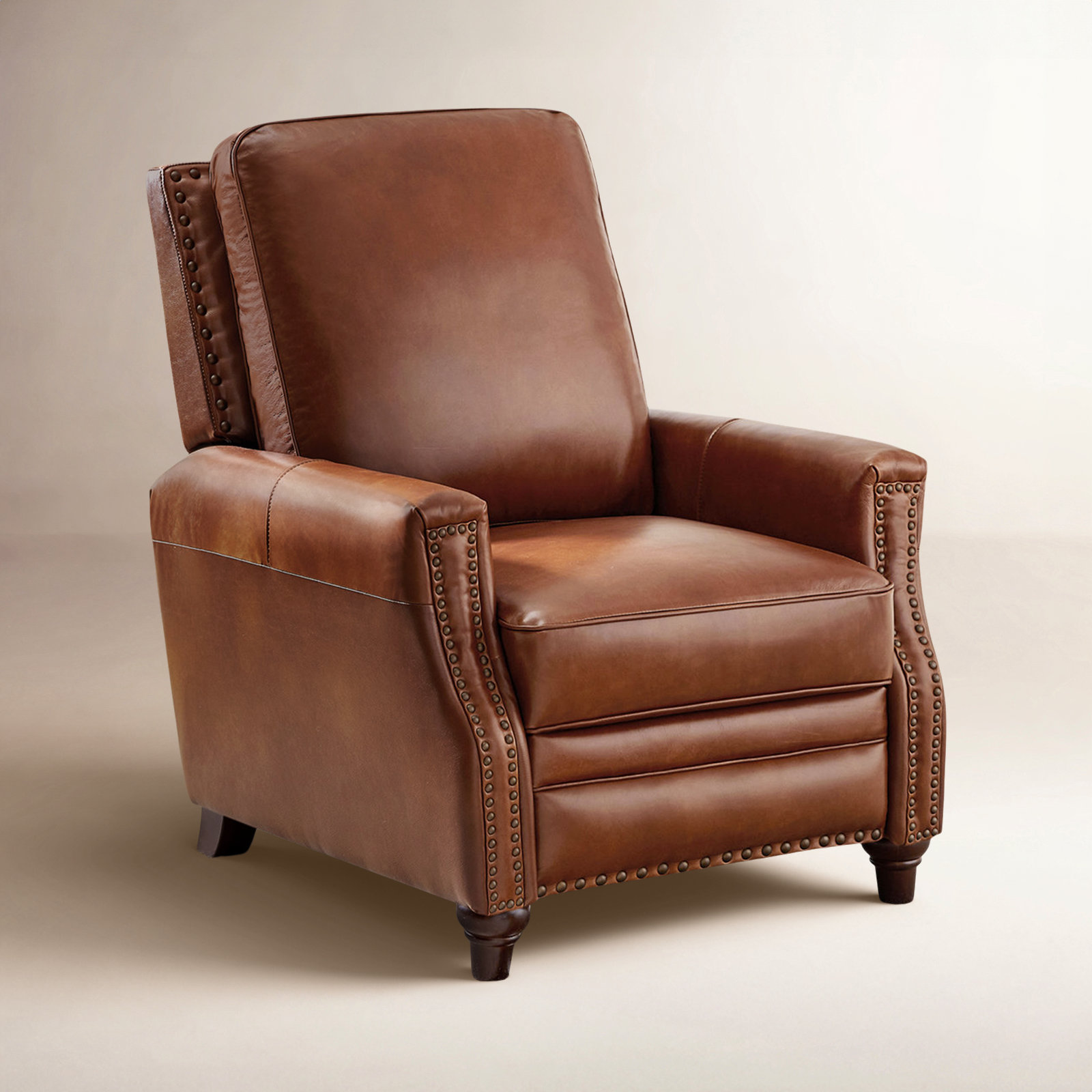 Andrena Genuine Leather Recliner with Nailhead Trim, Saddle Genuine Leather
