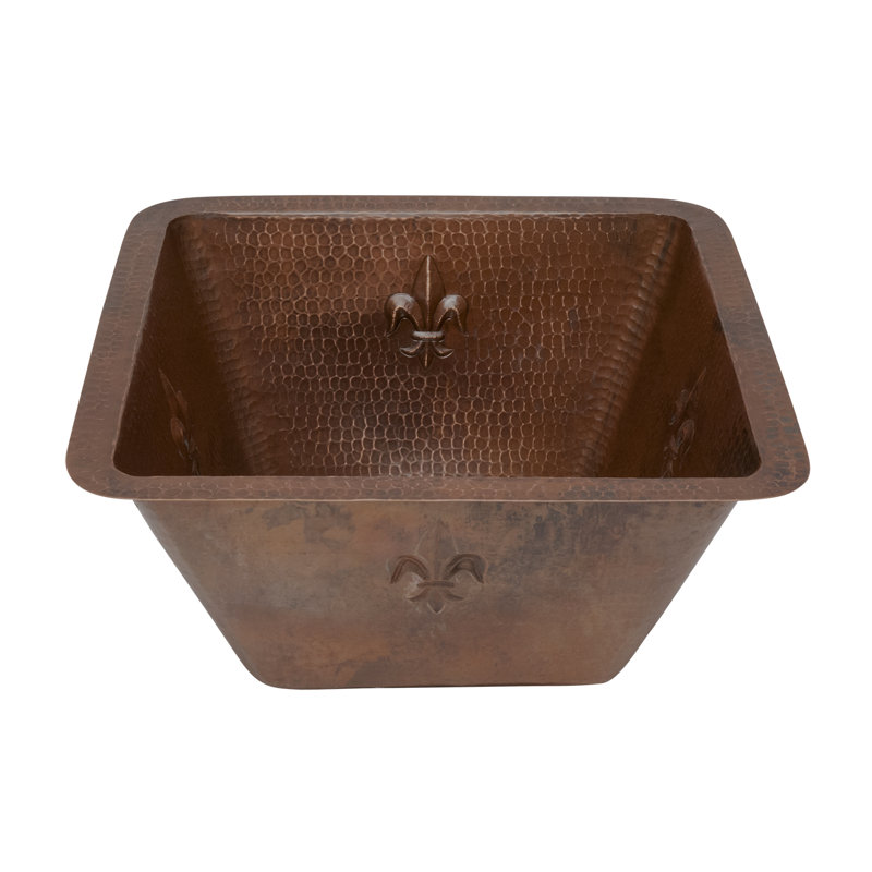 15" Square Fleur De Lis Copper Bar/Prep Sink w/ 2" Drain Opening