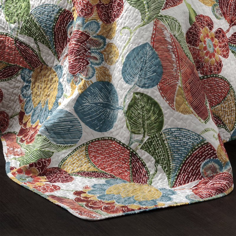 Lush Decor Layla Floral Reversible Cotton Quilt Set, Orange/bleu, Courtepointe très grand et 2 très grandes taies
