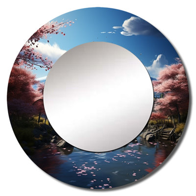 Asian Art Majestic Mont Fuji IV - Asian Art Mirror, Pink Round Decorative Wall Mirror, Printed Metal Art